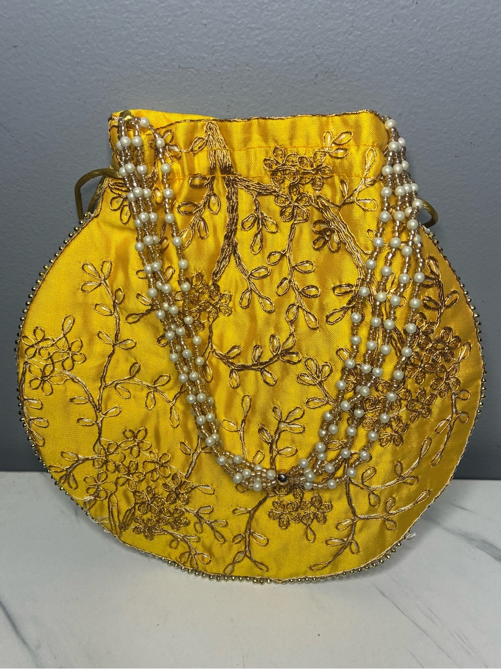Embroidered Gold Satin Evening Bag Beaded Pearl Shoulder Strap